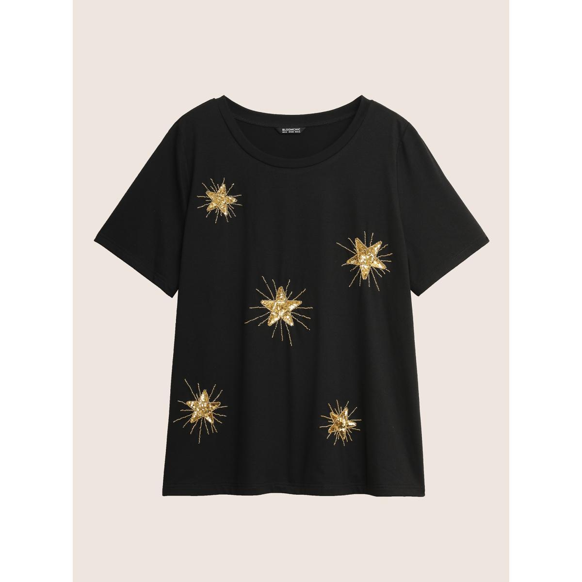 Plus Size Contrast Star Sequin Round Neck T-shirt Black Women Casual Contrast Star and moon Round Neck Everyday T-shirts BloomChic 18-20/2X Product Image