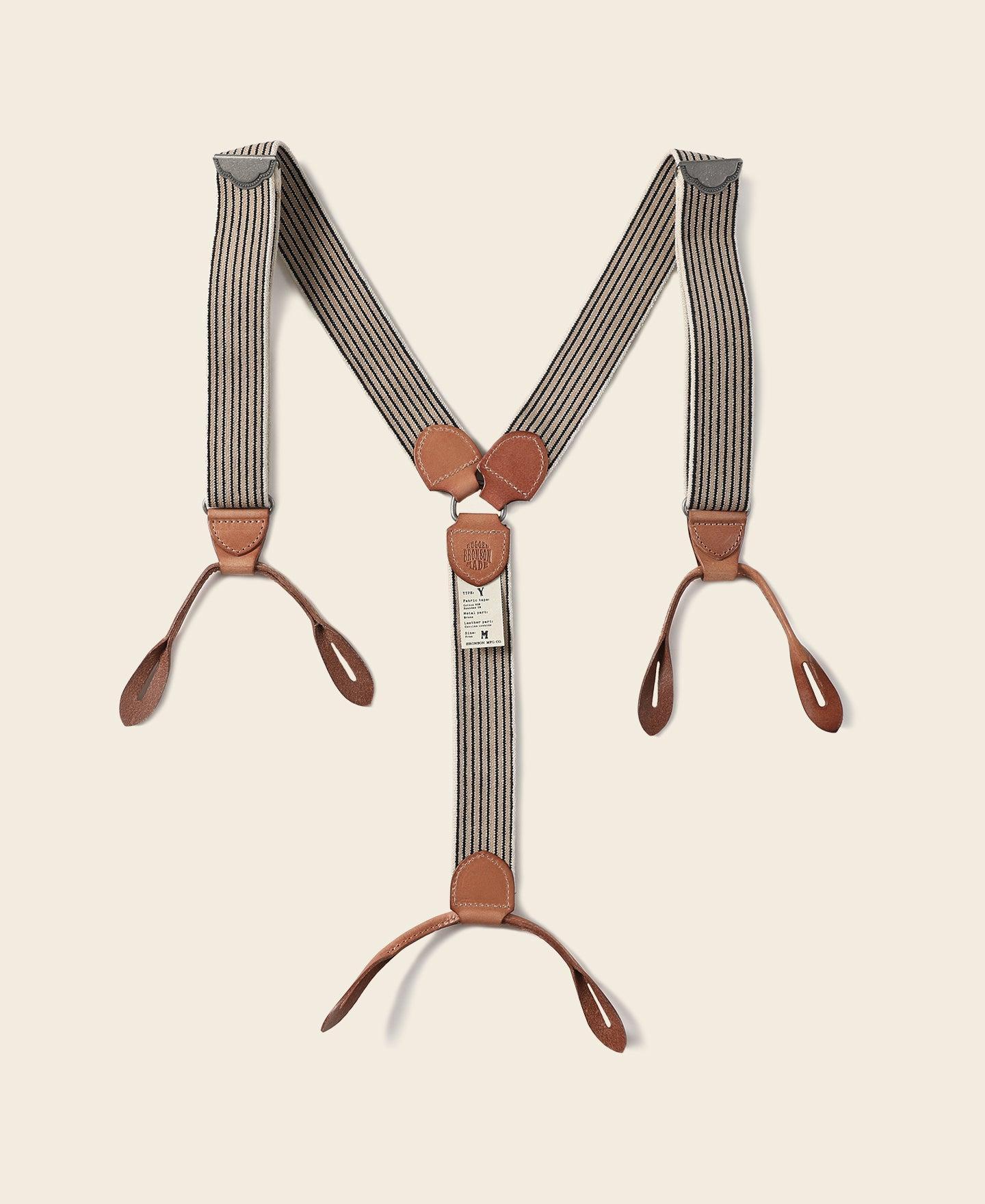 Old-Time Y-Back Leather Button Suspenders - Blue/Yellow Stripe Product Image