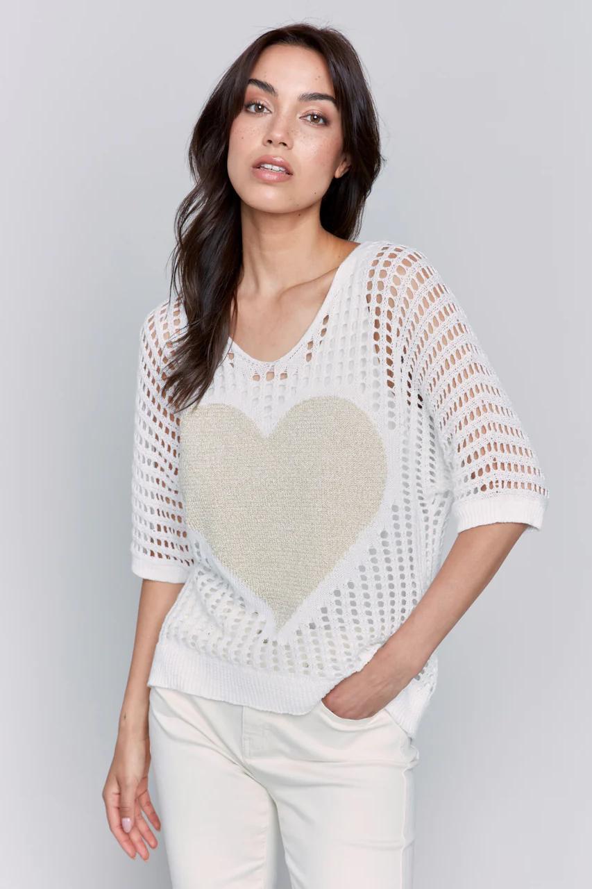 Fishnet V-Neck Sweater with Gold Heart Product Image