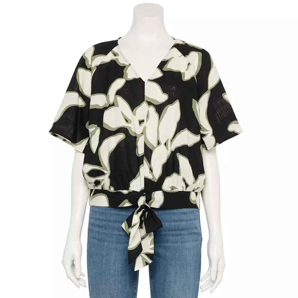 Women's Nine West Adaptive Tie-Front Top, Size: Small, Black Midsafari Leaf Product Image