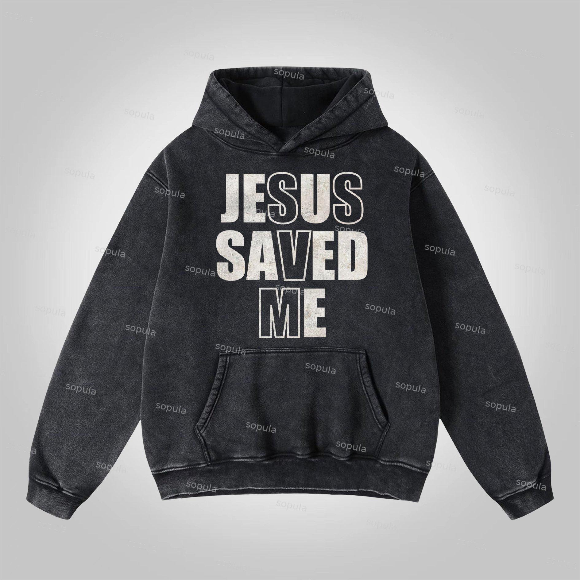 Sopula Jesus Saved Me Graphics Washed Distressed Pocket Hoodie Product Image