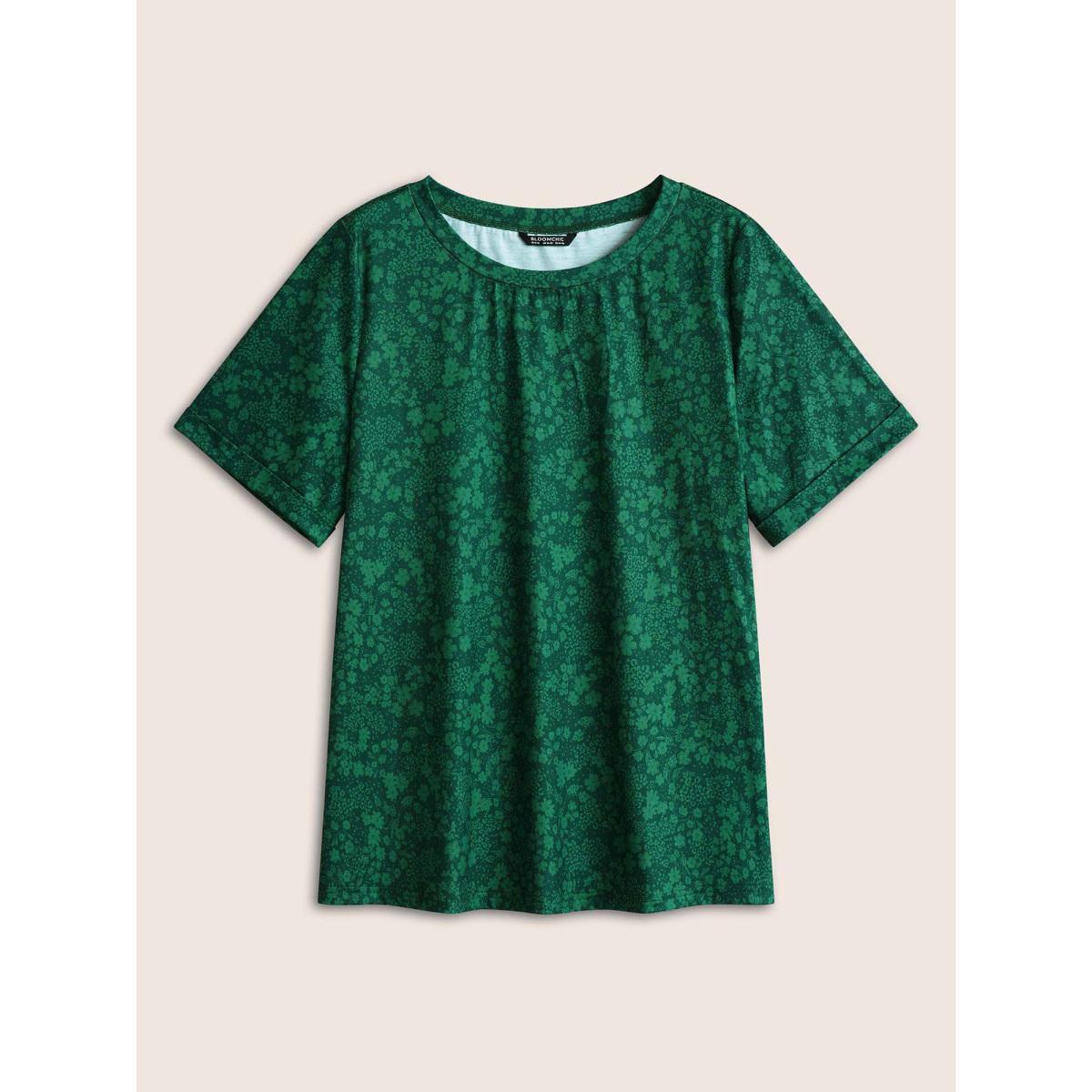 Plus Size Ditsy Floral Print Crew Neck T-shirt DarkGreen Women Casual Non Ditsy Floral Round Neck Everyday T-shirts BloomChic 14-16/1X Product Image