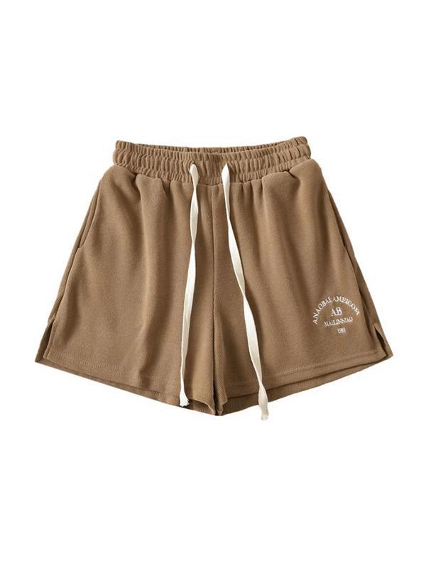 Letter Embroidery Elastic Waist Drawstring Shorts Product Image
