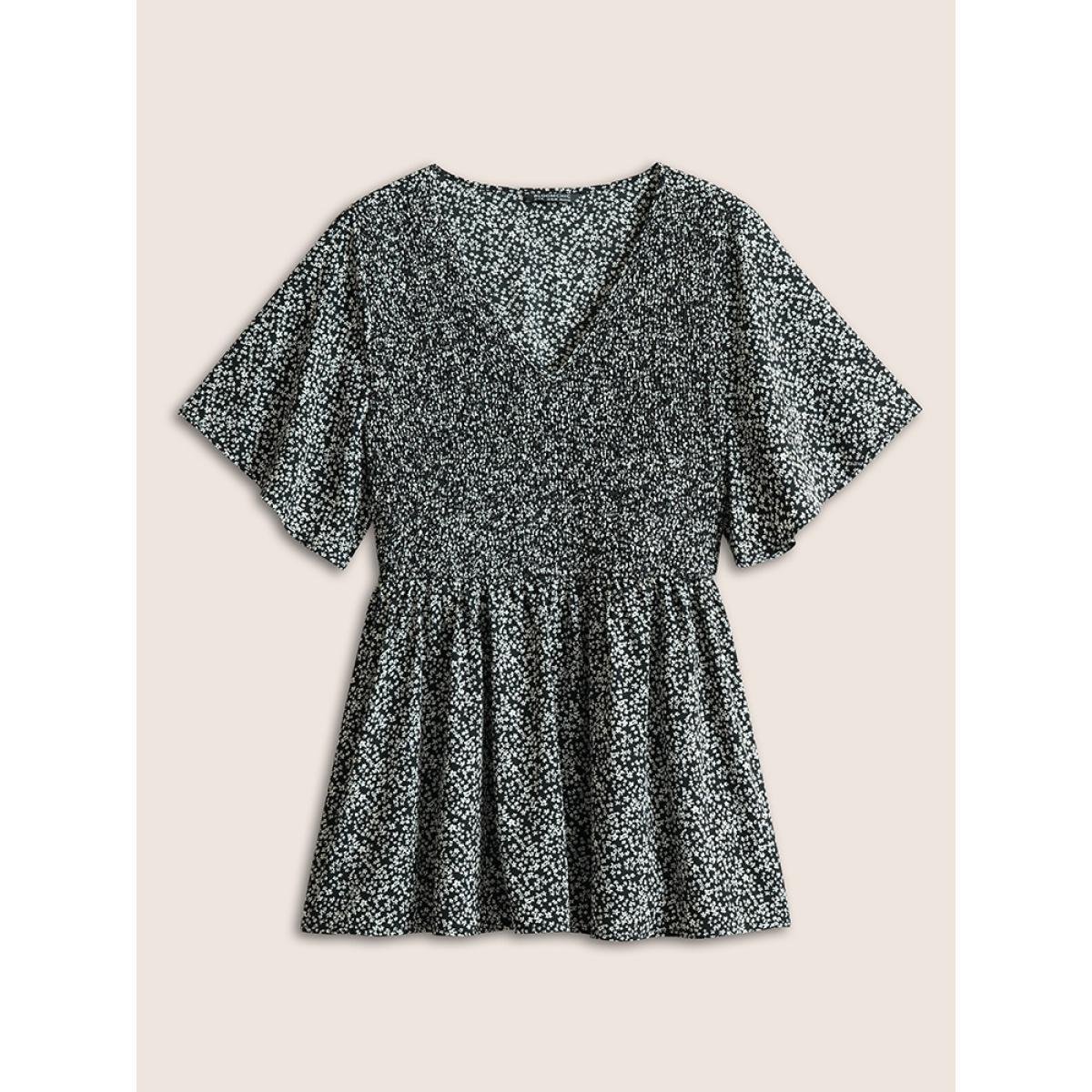 Plus Size Black Ditsy Floral Shirred Ruffle Sleeve Elastic Waist Blouse Women Timeless Short sleeve V-neck Elegant Blouses BloomChic 28/5X Product Image