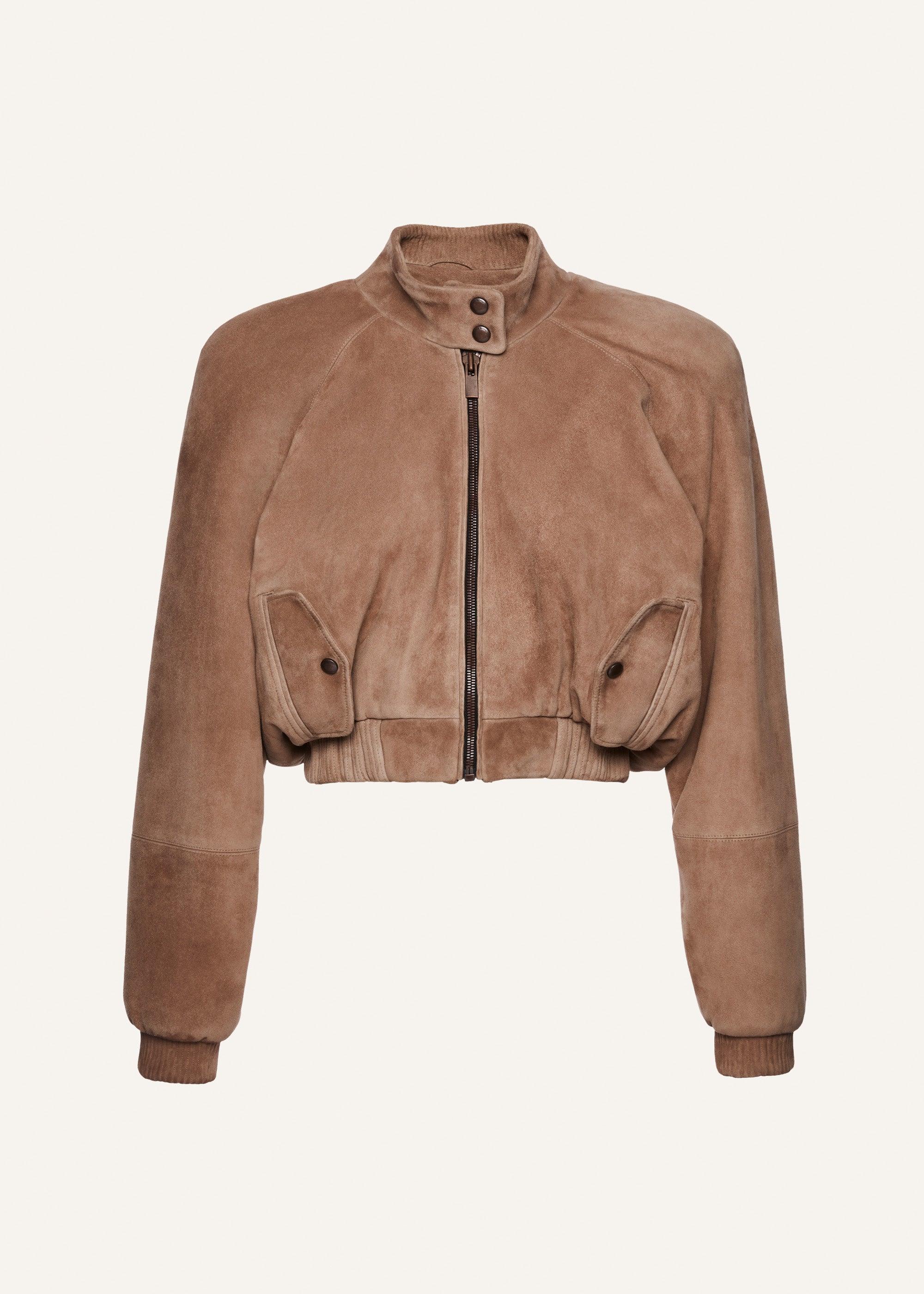 Cropped leather bomber jacket in beige suede Product Image