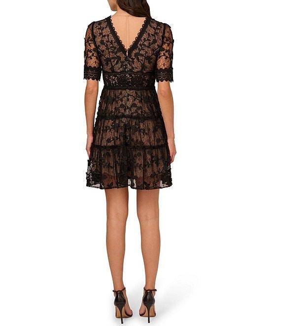 Adrianna Papell Floral Lace Embroidery V-Neck Short Sleeve Tiered Mini A-Line Dress Product Image