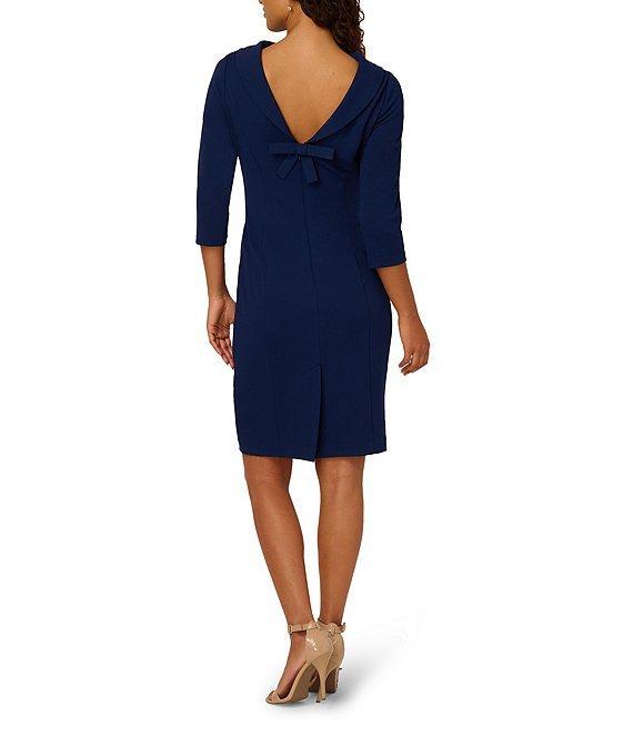 Adrianna Papell Crepe Drape Boat Neck 3/4 Sleeve Open V-Back Bow Dress Product Image