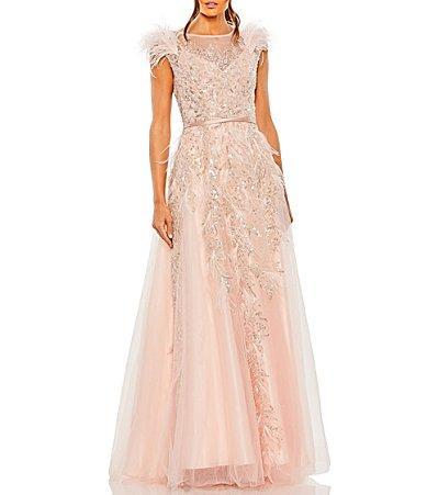 Womens Beaded Feather-Trim Gown Product Image