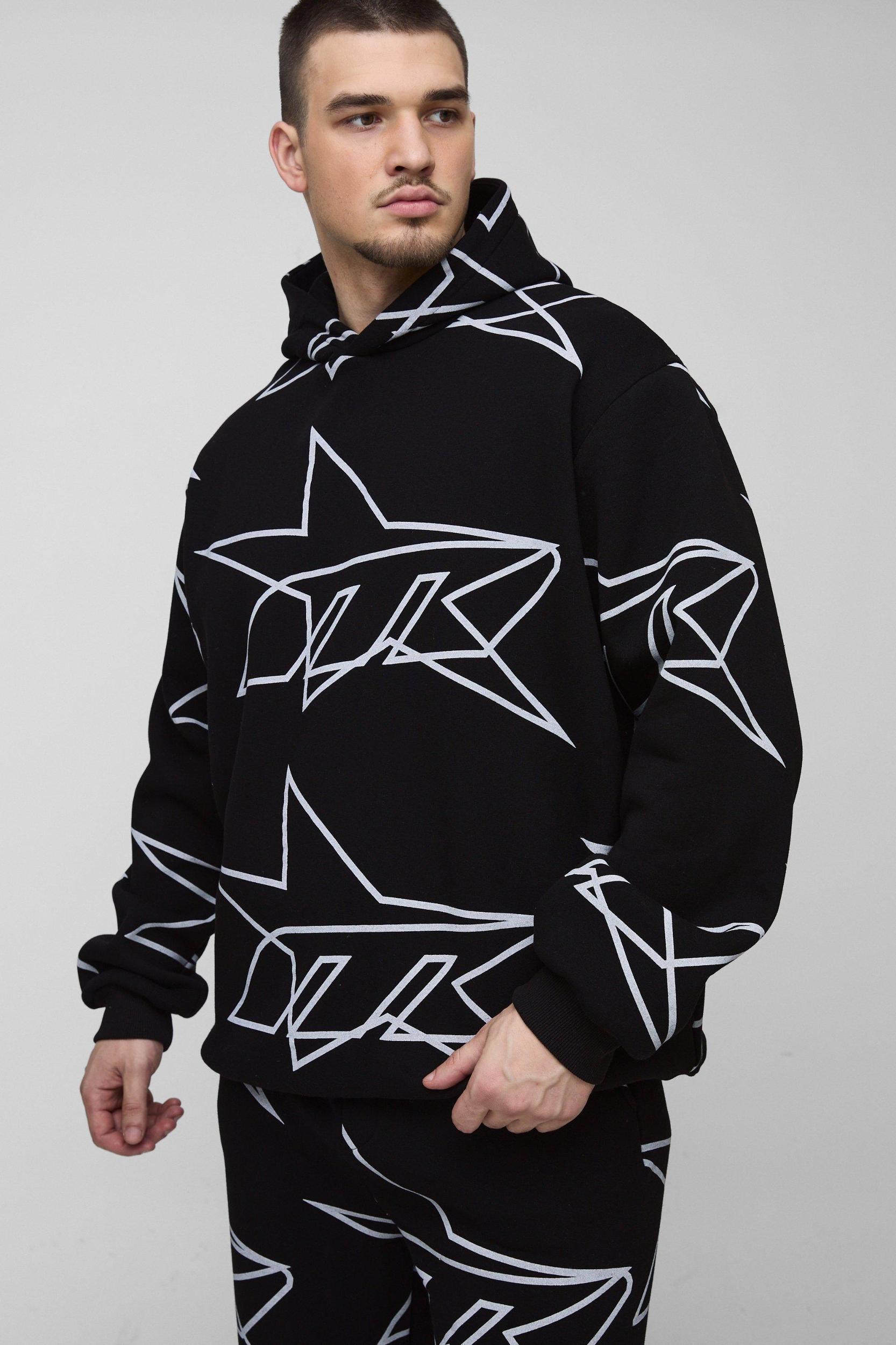 Tall Oversized Star All Over Printed Gusset Flare Hooded Tracksuit | boohooMAN USA Product Image