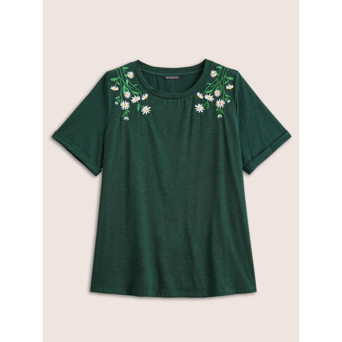 Plus Size Floral Embroidered Roll Sleeve T-shirt DarkGreen Women Elegant Roll Hem Plants Round Neck Everyday T-shirts BloomChic 30/6X Product Image