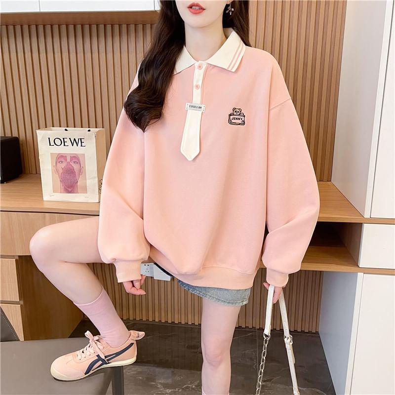 Striped Collar Cartoon Embroidered Polo Pullover Product Image