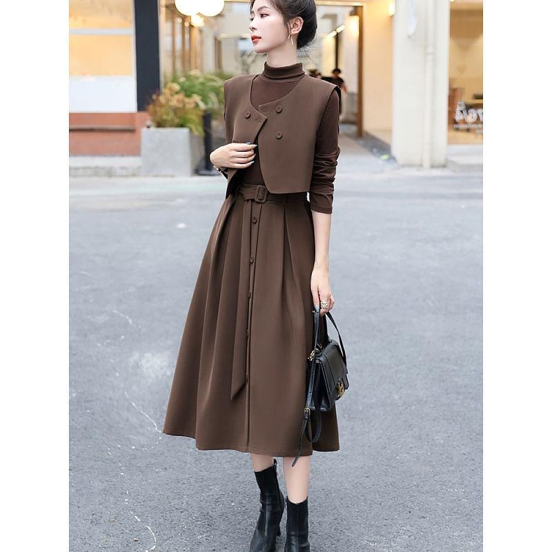 Set: Long-Sleeve Mock Neck Plain Midi A-Line Dress + Double Breasted Crop Vest Product Image