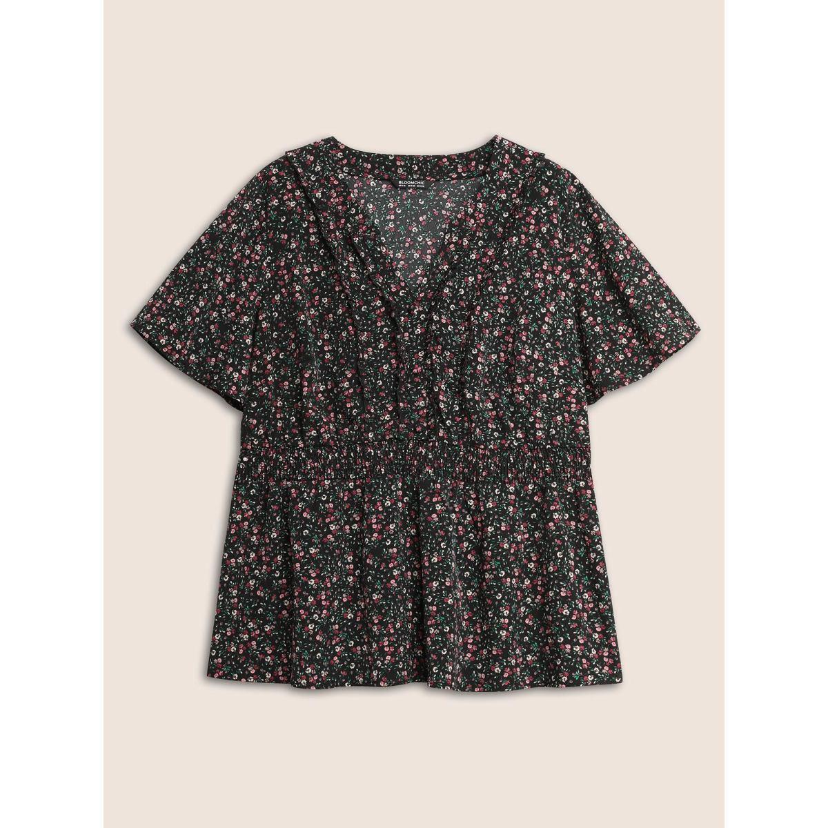 Plus Size Black Ditsy Floral Shirred Frill Trim Blouse Women Elegant Short sleeve Notched collar Everyday Blouses BloomChic 26/4X Product Image