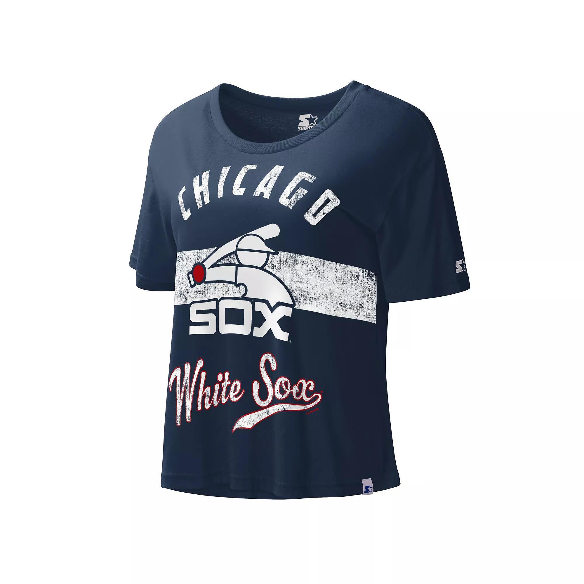 Women's Starter Navy Chicago White Sox Cooperstown Collection Record Setter Crop Top,  Product Image