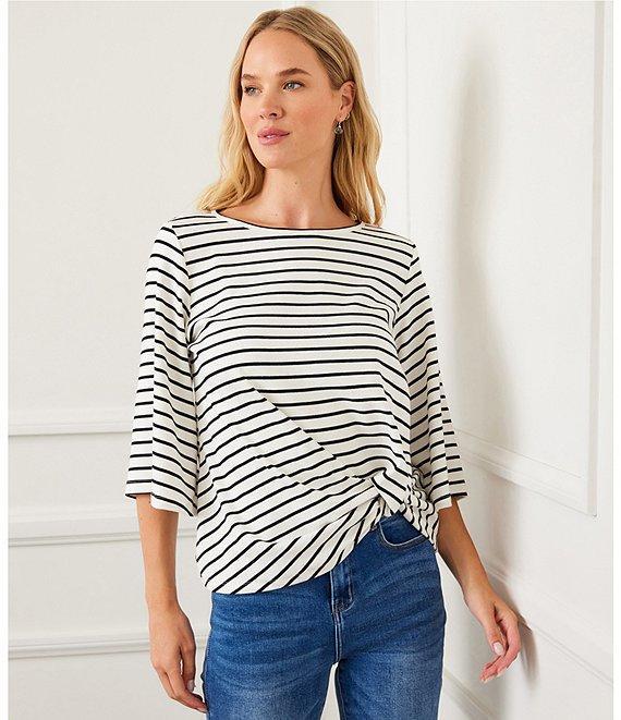 Karen Kane Stripe Crew Neck 3/4 Flare Sleeve Twist Front Top Product Image