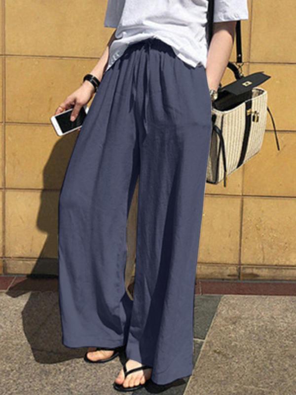 High Waisted Loose Drawstring Pockets Solid Color Pants Trousers Product Image