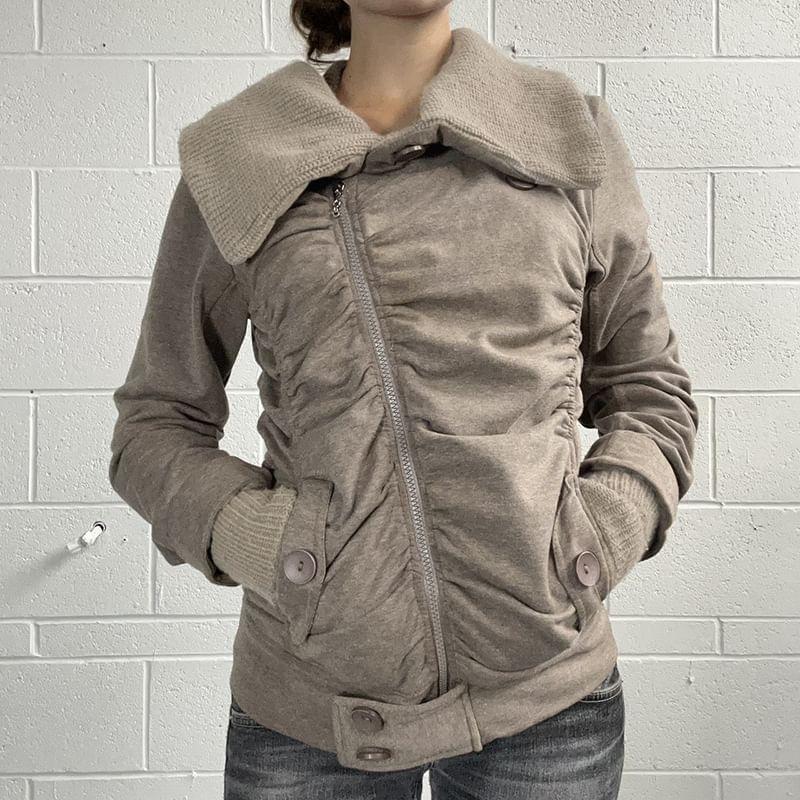 Long Sleeve Collar Plain Knit Panel Ruched Zip-Up Jacket Product Image