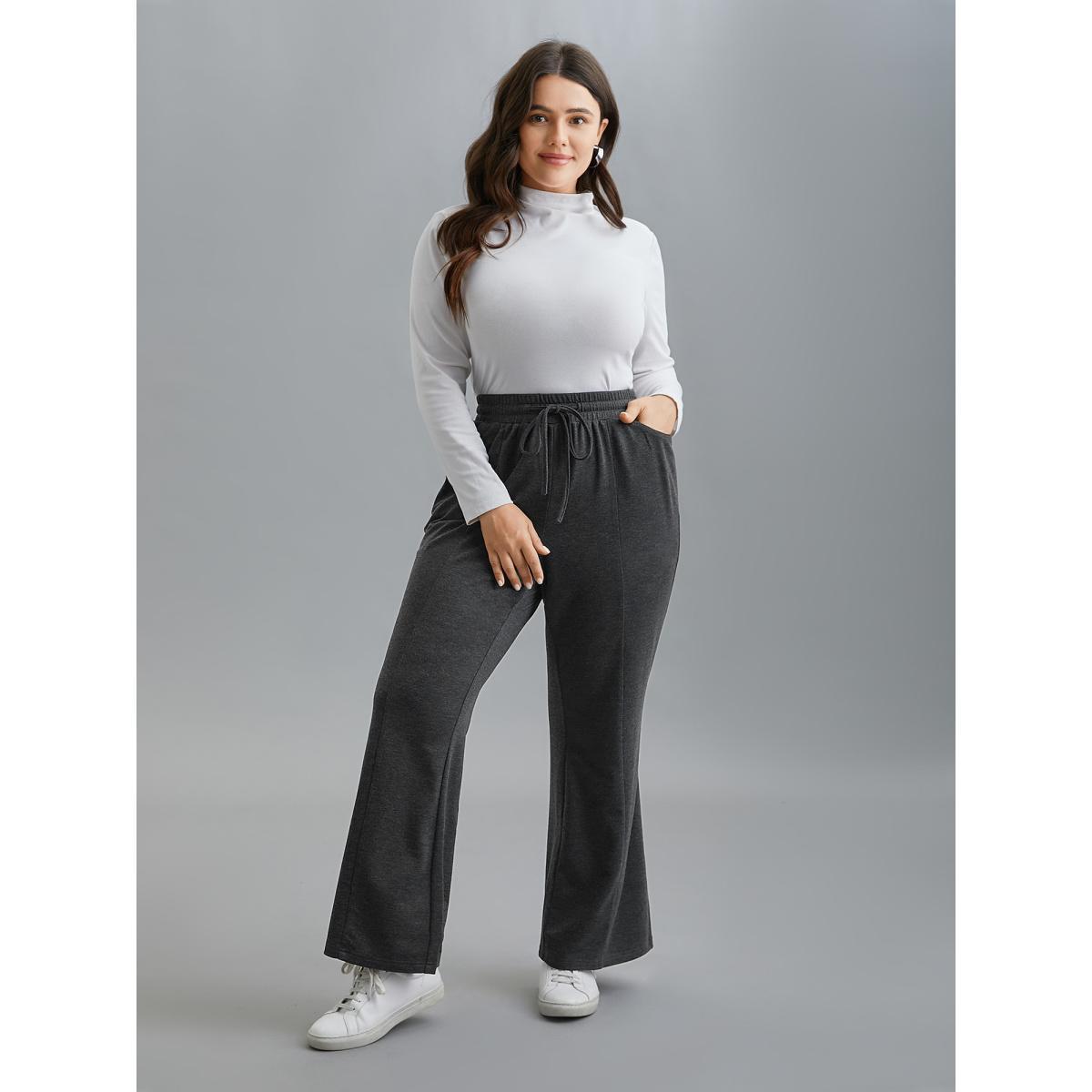 Plus Size Plain Drawstring Elastic Waist Bootcut Pants Women DimGray Casual Bootcut Mid Rise Everyday Pants BloomChic 12/L Product Image