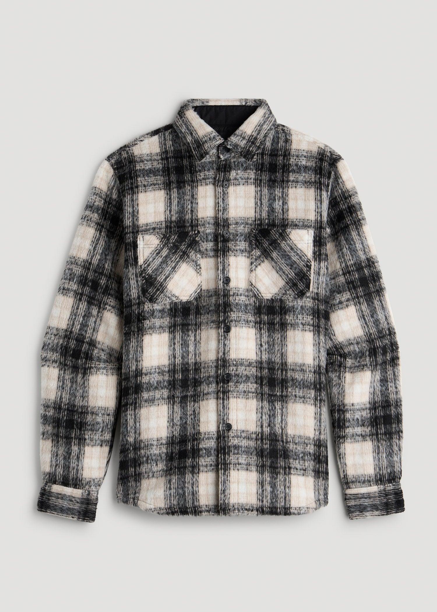 Brushed Flannel Overshirt for Tall Men in Ecru and Black Plaid Product Image