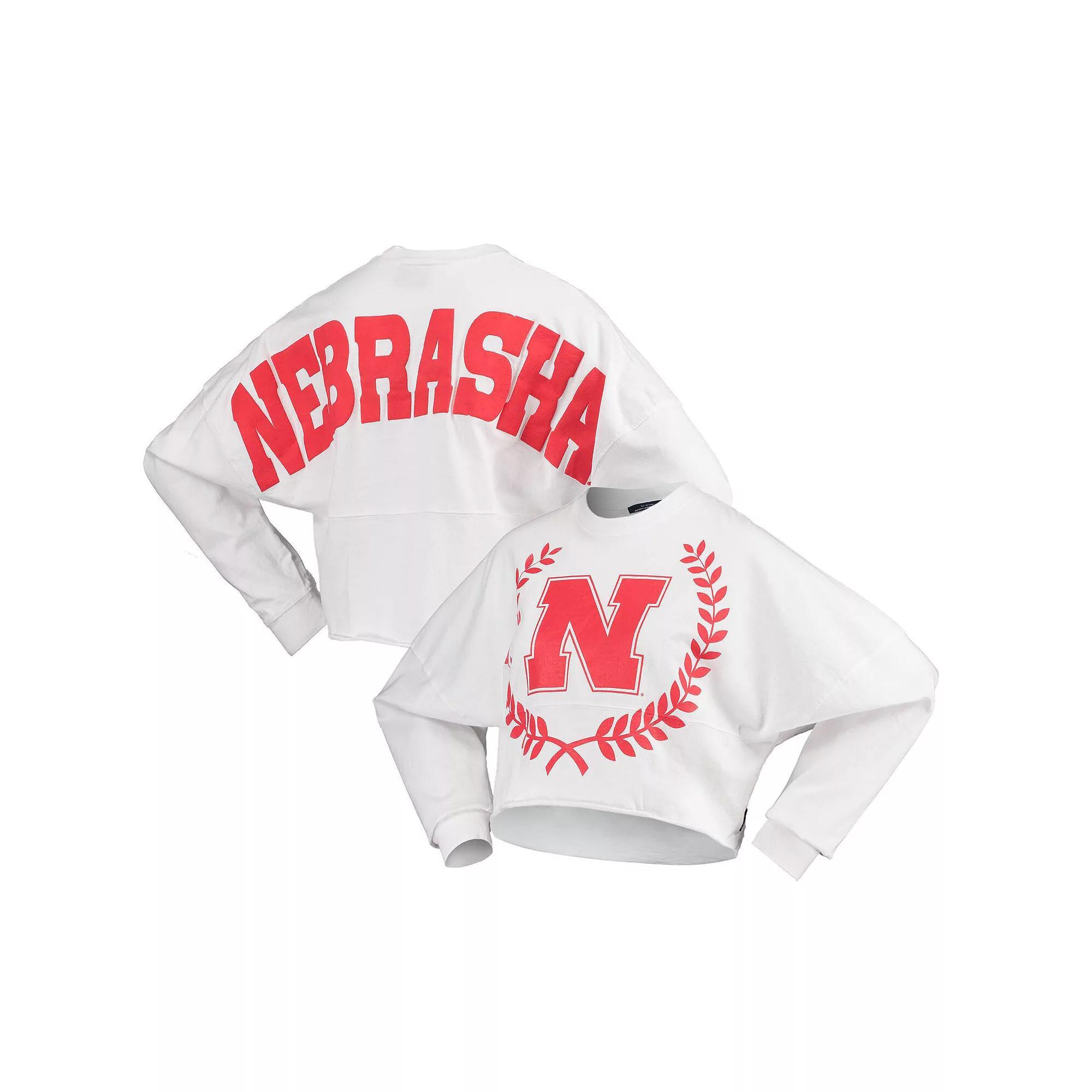 Women's White Nebraska Huskers Laurels Crop Long Sleeve T-Shirt,  Product Image