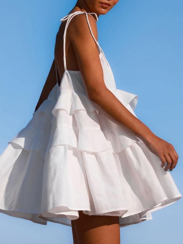 A-Line High Waisted Backless Layered Pleated Solid Color Spaghetti-Neck Mini Dresses Product Image