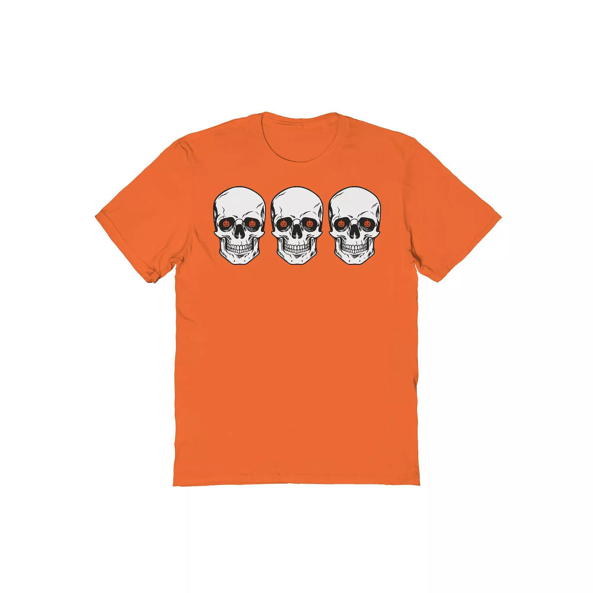Men's 3 Skulls Pumpkin Eyes Halloween Graphic Tee, Size: Small, Orange Product Image