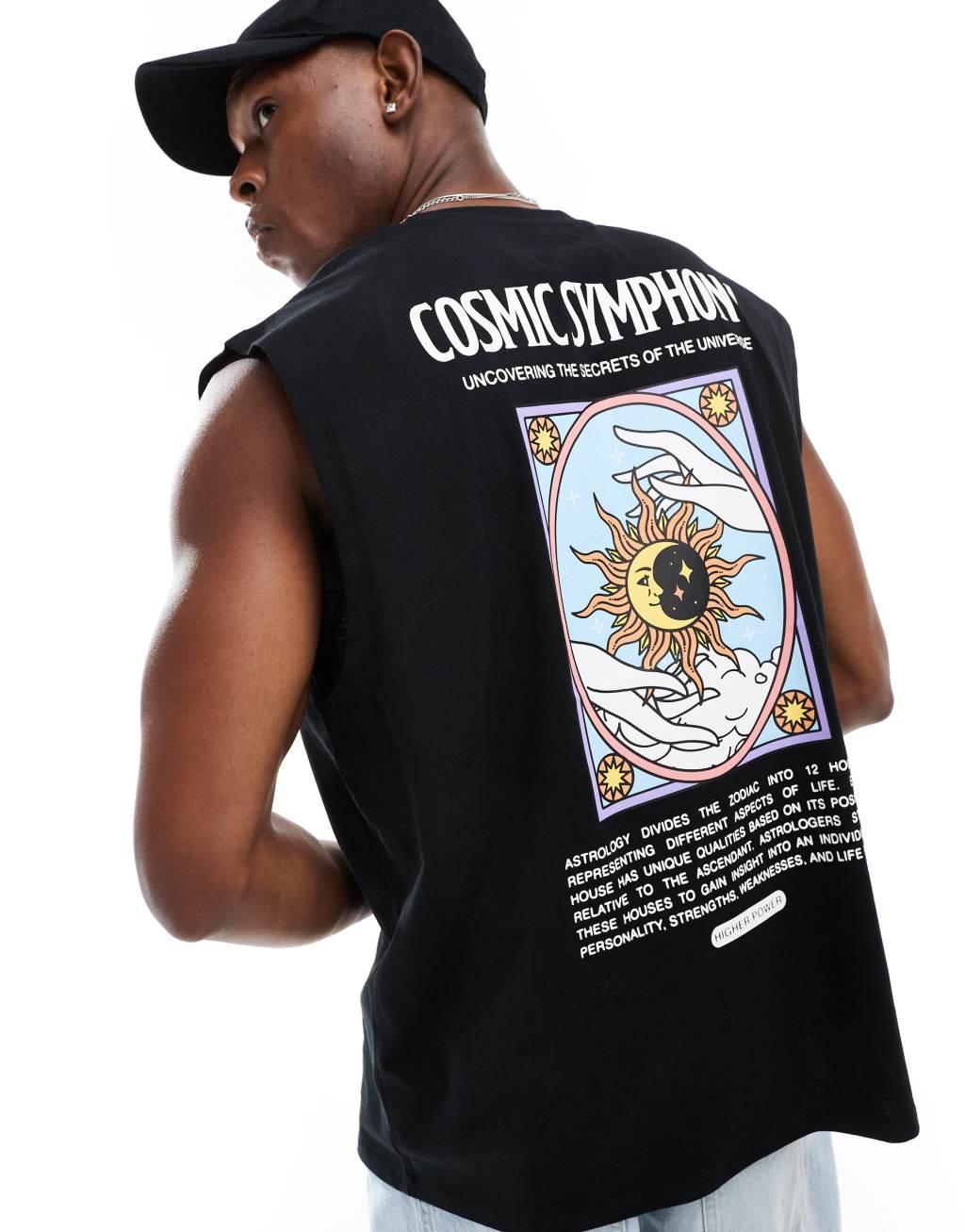 ASOS DESIGN oversized tank top in black with celestial back print Product Image