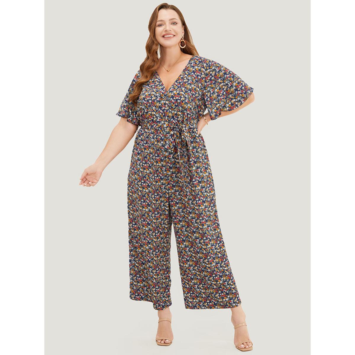 Plus Size DarkBlue Ditsy Floral Flutter Sleeve Pocket Belted Wrap Jumpsuit Women Elegant Short sleeve V-neck Dailywear Loose Jumpsuits BloomChic 30/6X Product Image