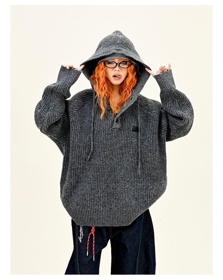 Drawstring Hooded Plain Oversizer Sweater Product Image