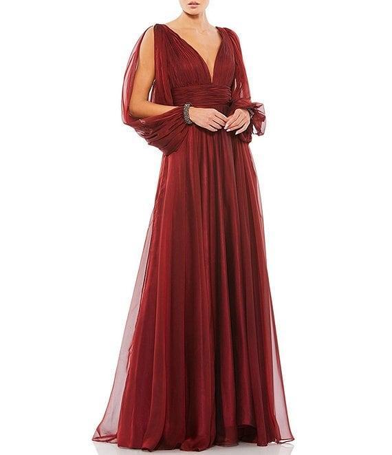 Mac Duggal V-Neck Beaded Cuff Open Long Sleeve Chiffon A-Line Plunge Back Detail Gown Product Image