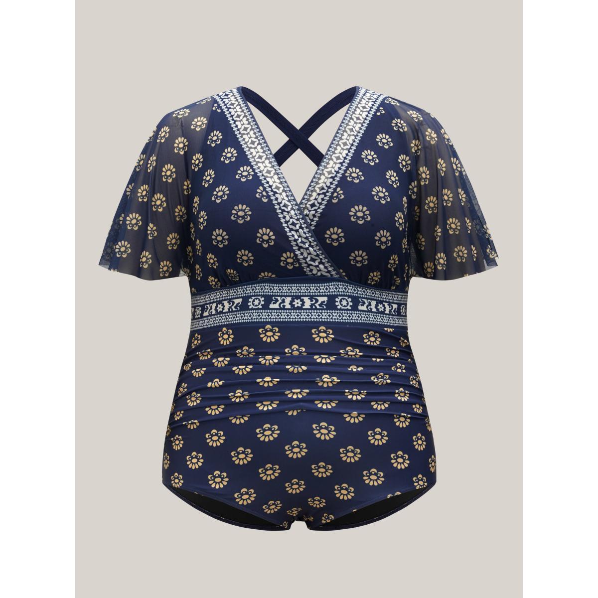 Plus Size Boho Print Mesh Ruched Crisscross One-Piece Swimsuit Women's Swimwear Black Resort Gathered Curve Bathing Suits High stretch One Pieces BloomChic 28/5X Product Image