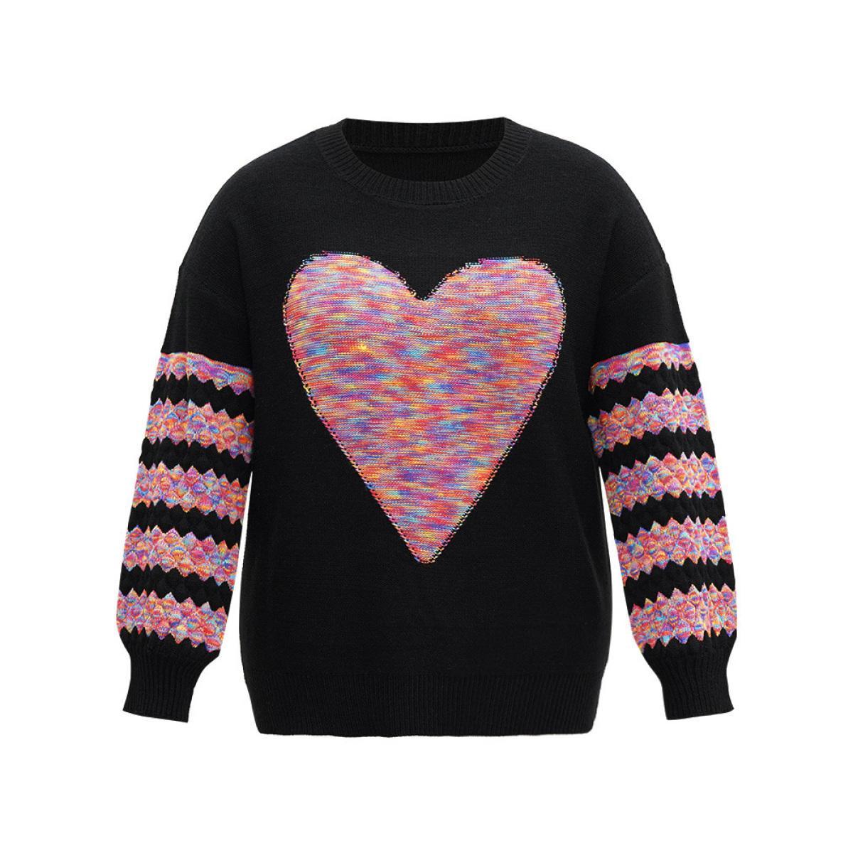 Plus Size Heart Heather Patchwork Crew Neck Pullover Black Women Casual Loose Long Sleeve Round Neck Everyday Pullovers BloomChic 14-16/1X Product Image