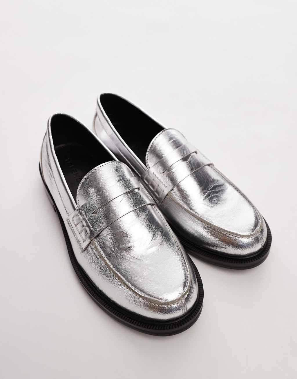 Topshop Callie leather loafers in silver Product Image