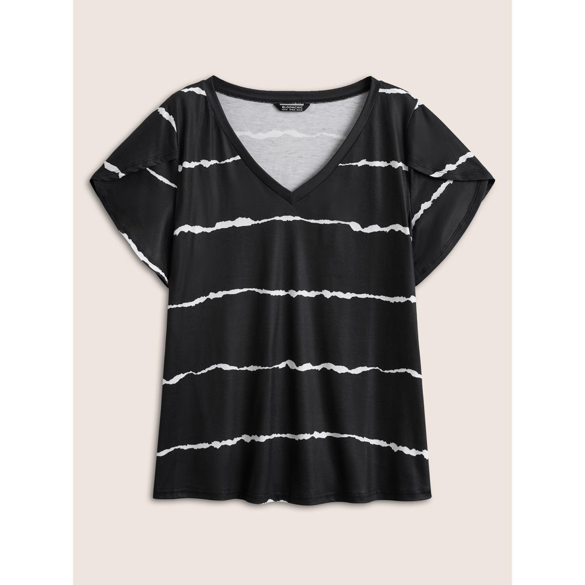 Plus Size Striped Contrast Petal Sleeve T-shirt Black Women Elegant Striped Everyday T-shirts BloomChic 22-24/3X Product Image