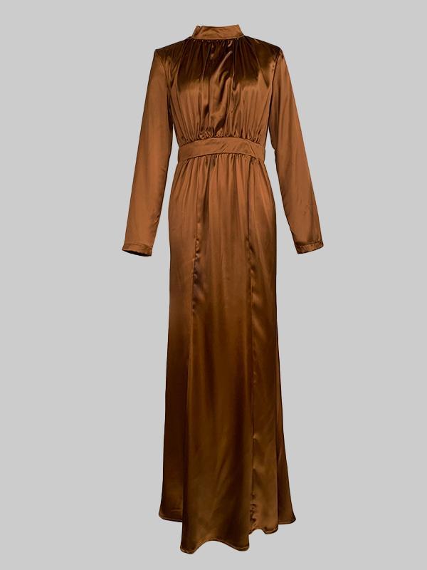 Long Sleeves Loose Pleated Shiny Solid Color Split-Joint Tied Waist High Neck Evening Dresses Maxi Dresses Product Image