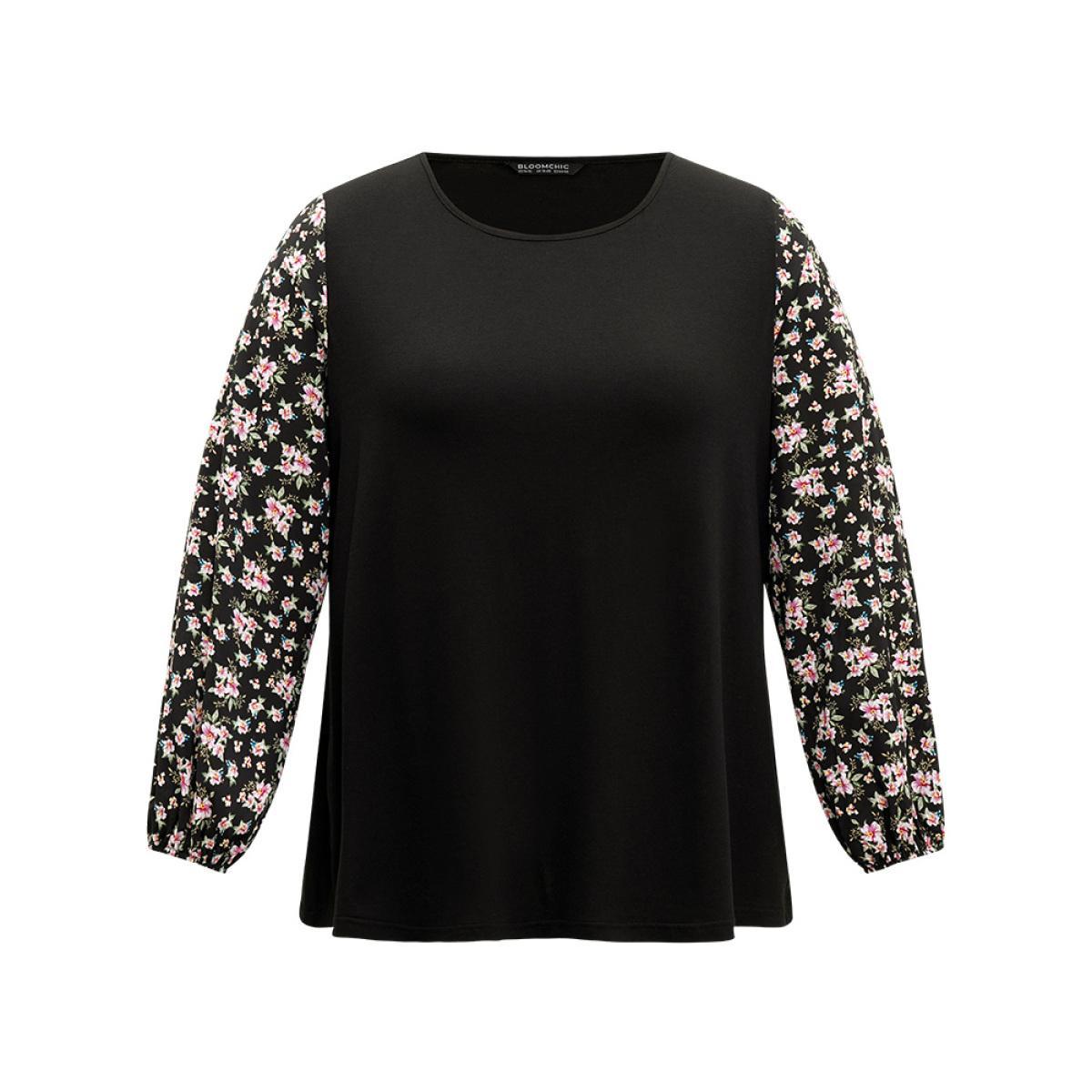 Plus Size Crew Neck Patchwork Ditsy Floral T-shirt Black Women Elegant Elastic cuffs Ditsy Floral Round Neck Dailywear T-shirts BloomChic 22-24/3X Product Image