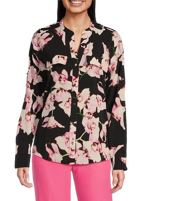 Calvin Klein Crew Neck Long Sleeve Stretch Woven Print Blouse Product Image