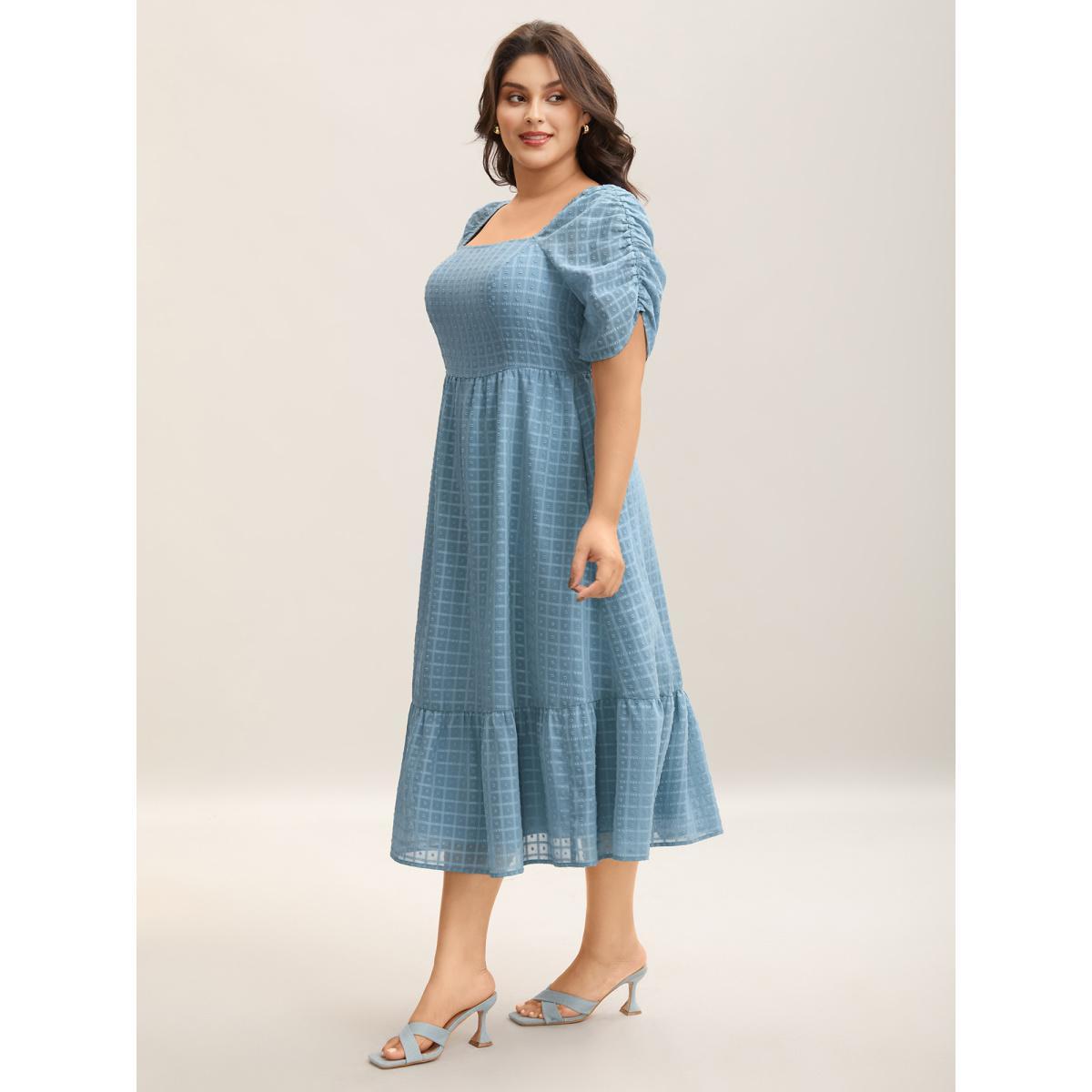 Plus Size Textured Ruched Sleeve Tiered Midi Dress Stone Women Square Neck Short sleeve Curvy BloomChic 10/M Product Image