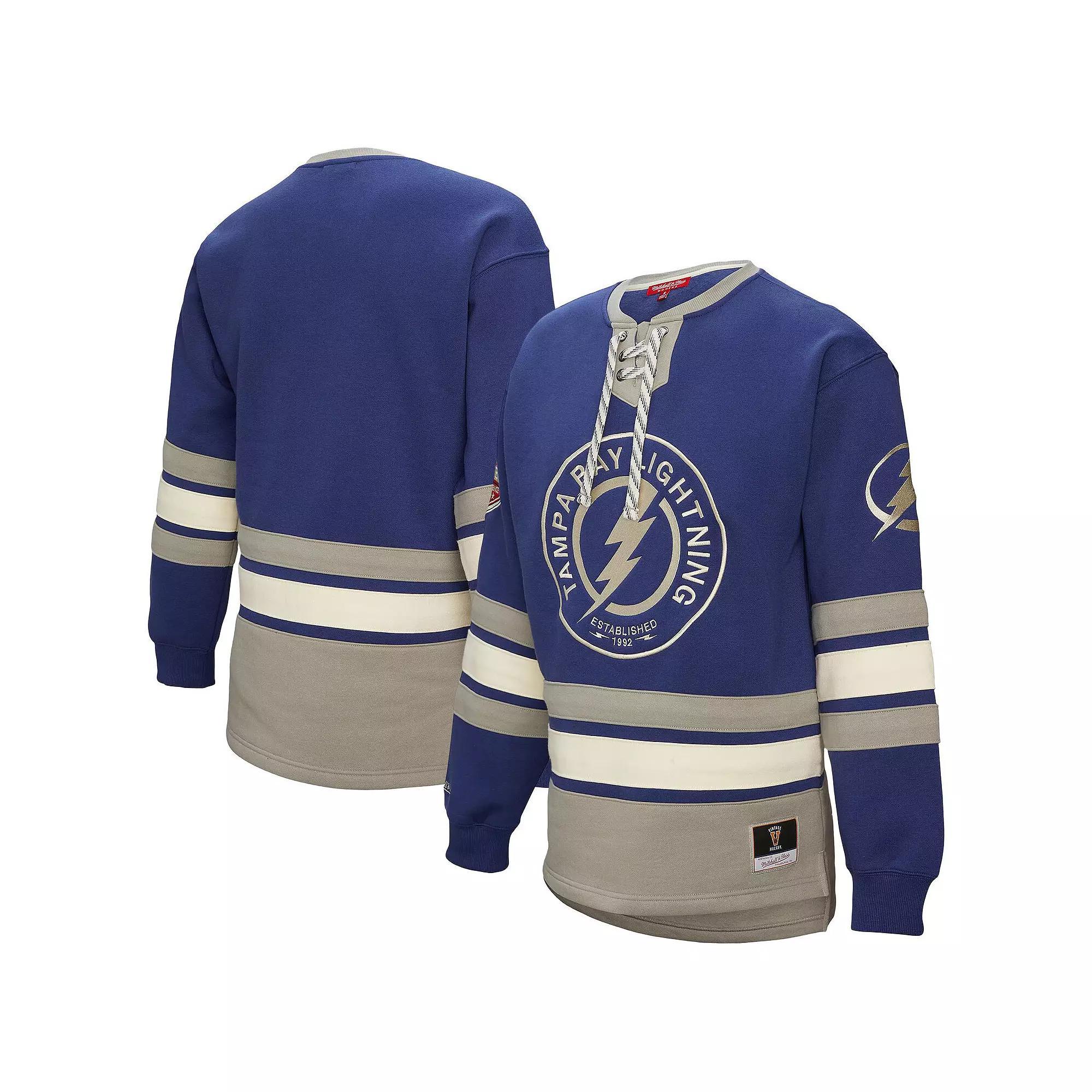 Women's Mitchell & Ness Blue Tampa Bay Lightning Heritage Lace-Up Pullover Sweatshirt,  Product Image