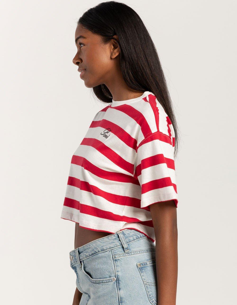 FULL TILT Stripe Paris Embroidered Womens Crop Tee - RED Product Image