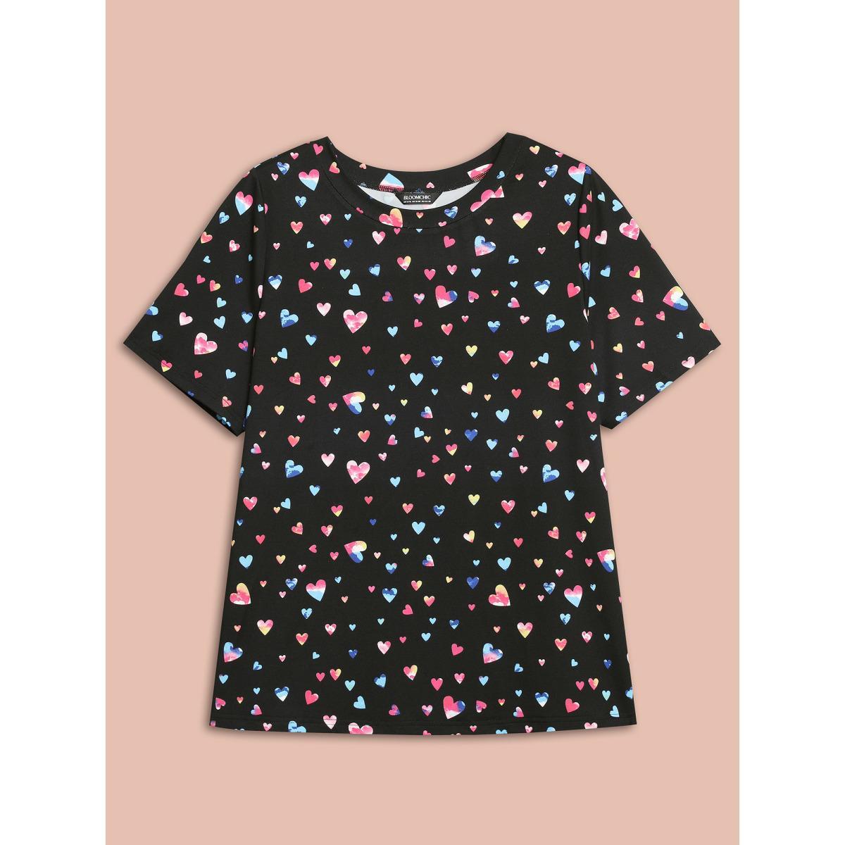 Plus Size Multi-Color Hearts Printed Stretchy T-Shirt Black Women Elegant Contrast Round Neck Everyday T-shirts BloomChic 18-20/2X Product Image