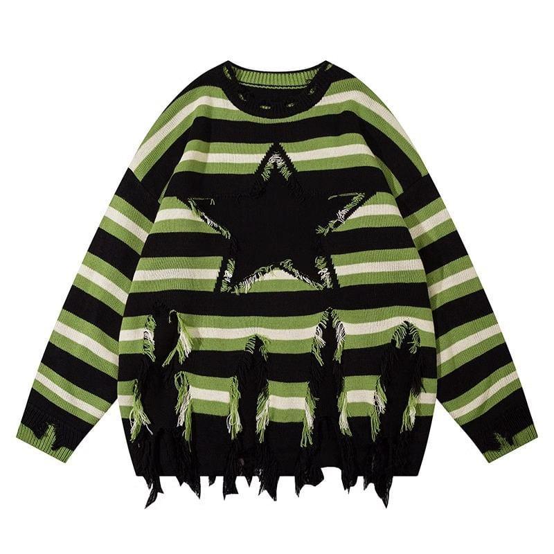 Long Sleeve Star Applique Striped Distressed Loose-Fit Sweater Product Image