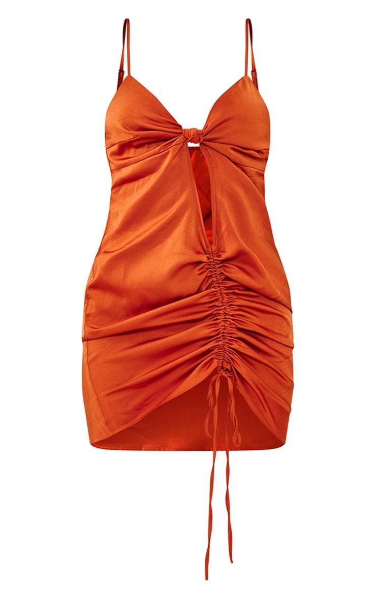 Orange Satin Knot Bust Detail Cut Out Ruched Bodycon Dress Product Image