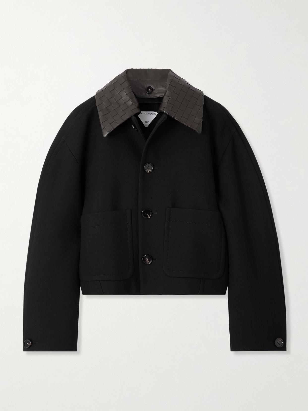 BOTTEGA VENETA Convertible Intrecciato Leather-trimmed Cotton-blend Jacket In Black Product Image