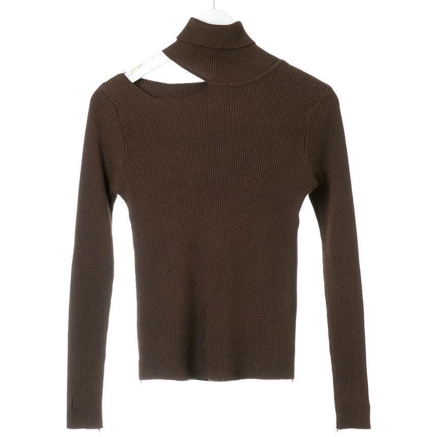 Off-Shoulder Turtleneck Plain Knit Top Product Image