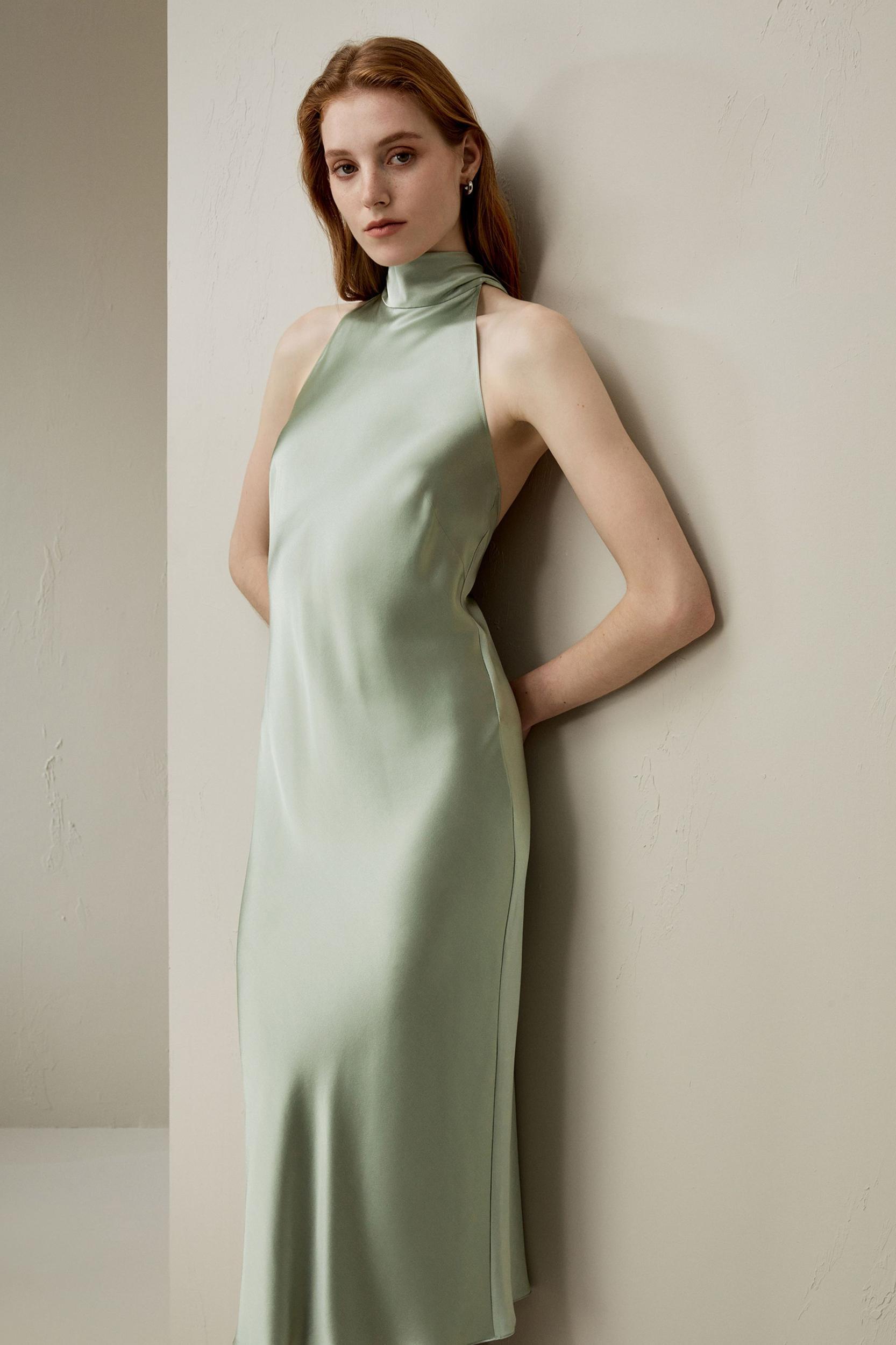 Halter Neck Open Back Silk Dress Product Image