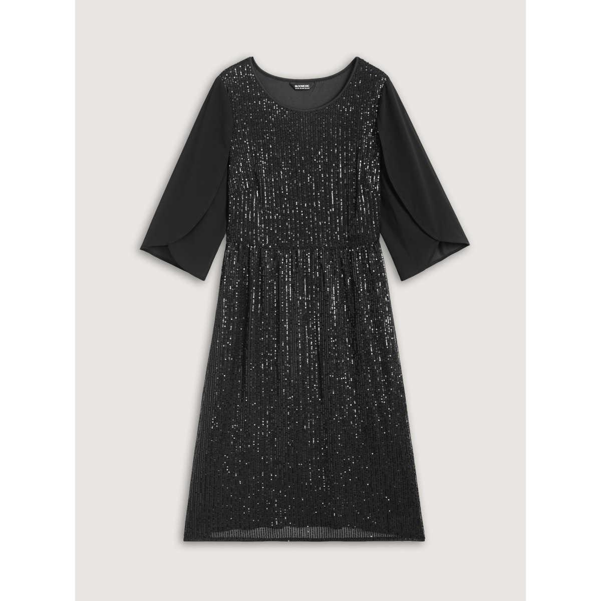 Plus Size Sequin Mesh Patchwork Petal Sleeve Dress Pureblack Women Party&Cocktail Overlapping Party Curvy Bloomchic 18-20/2X Product Image