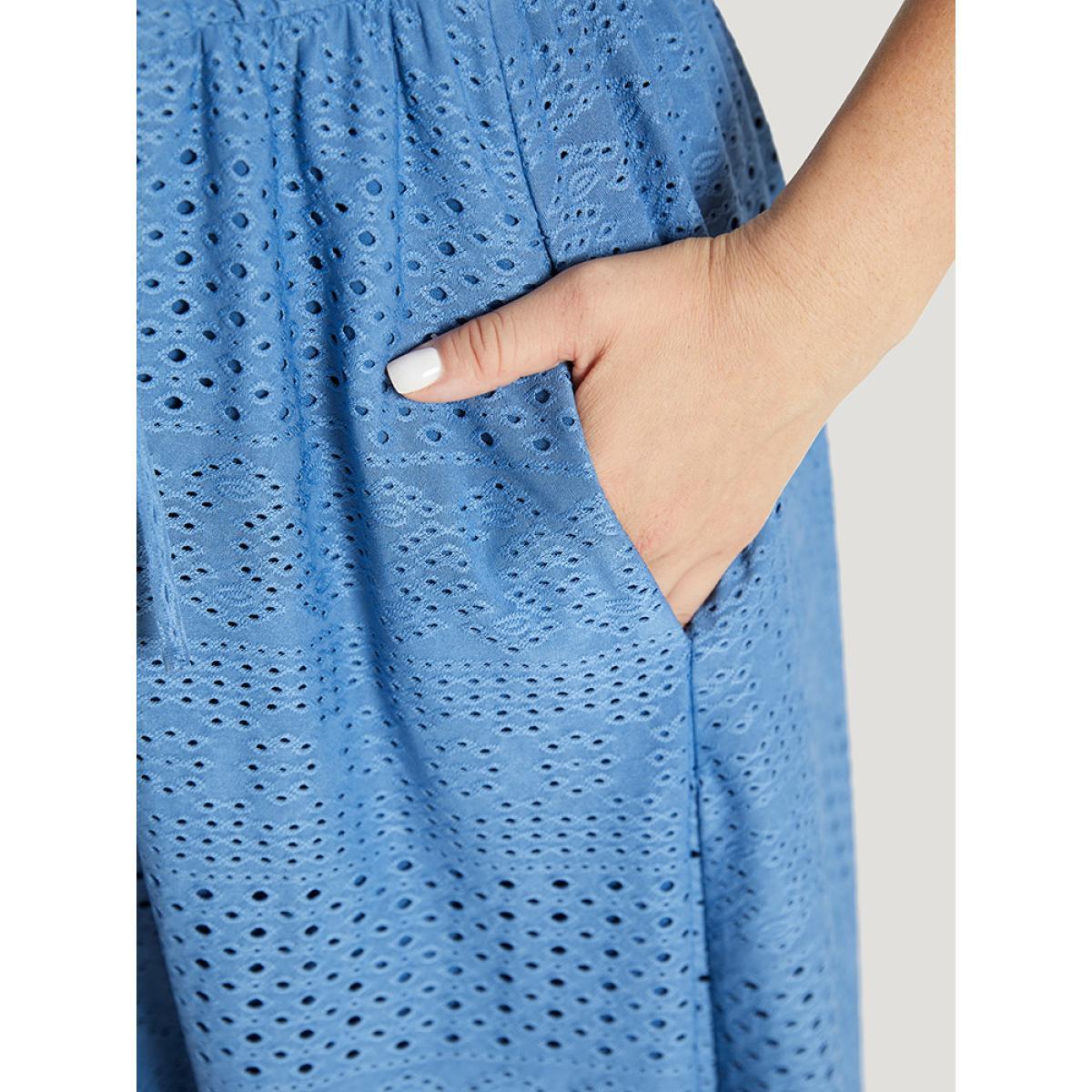 Plus Size Plain Pocket Ruffle Tie Neck Cap Sleeve Broderie Anglaise Dress Blue Women Elegant Lined Tie Neck Cap Sleeve Curvy Midi Dress BloomChic 18-20/2X Product Image