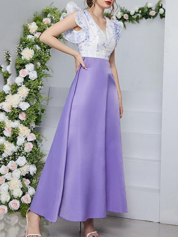 High Waisted Petal Sleeves Printed Split-Joint Deep V-Neck Maxi Dresses Product Image