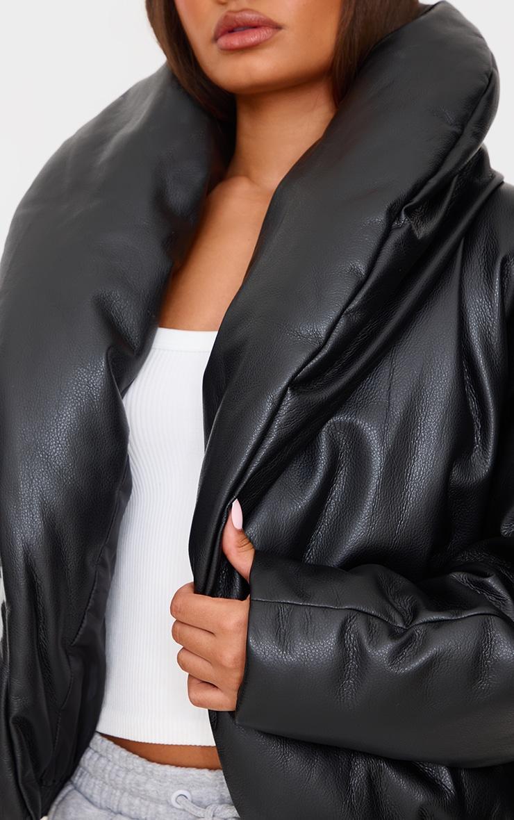 Petite Black Exaggerated Collar PU Puffer Coat Product Image